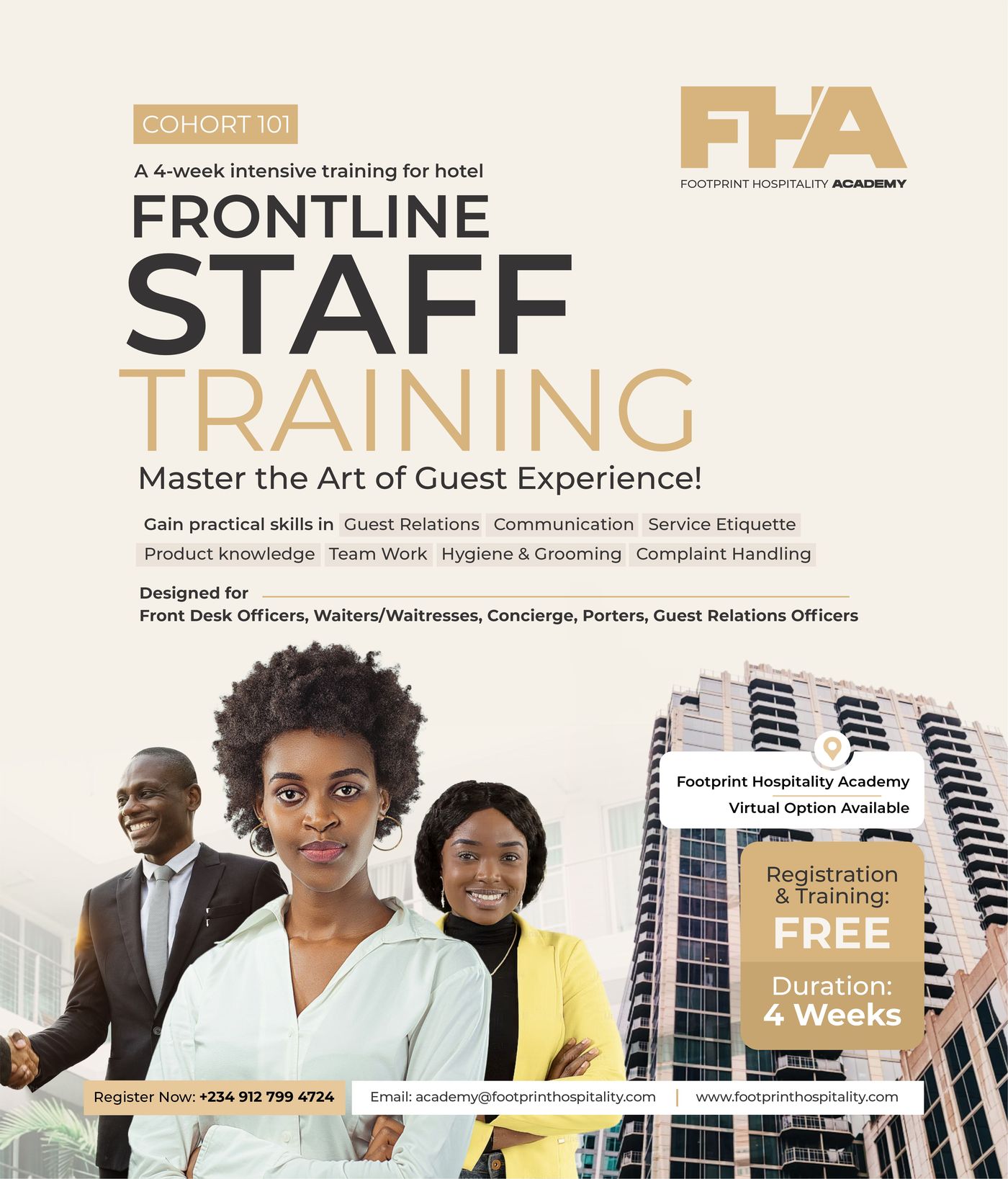 Frontline Staff Training flyer — Cohort 101, 4 weeks, free registration