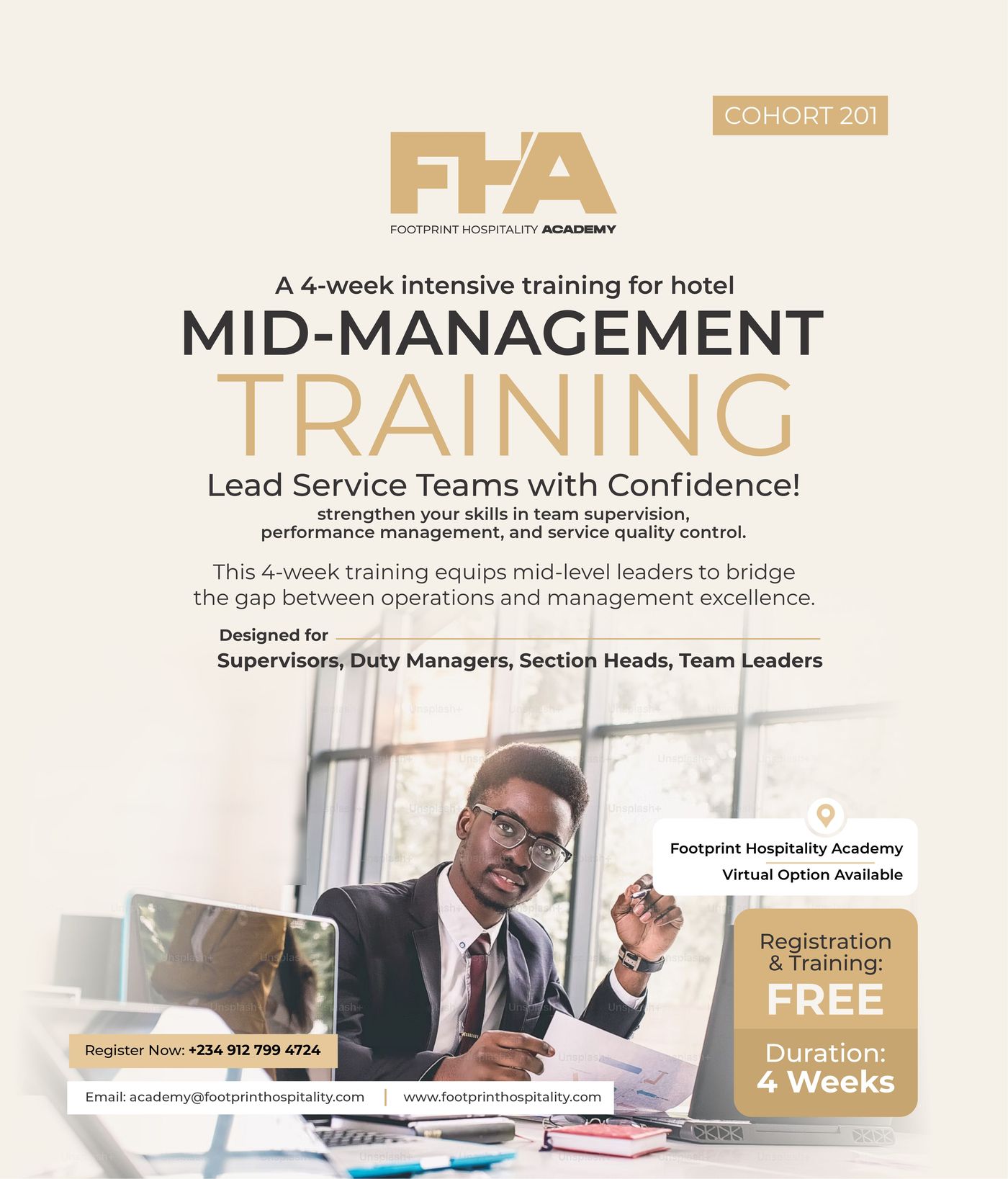 Mid-Management Training flyer — Cohort 201, 4 weeks, free registration