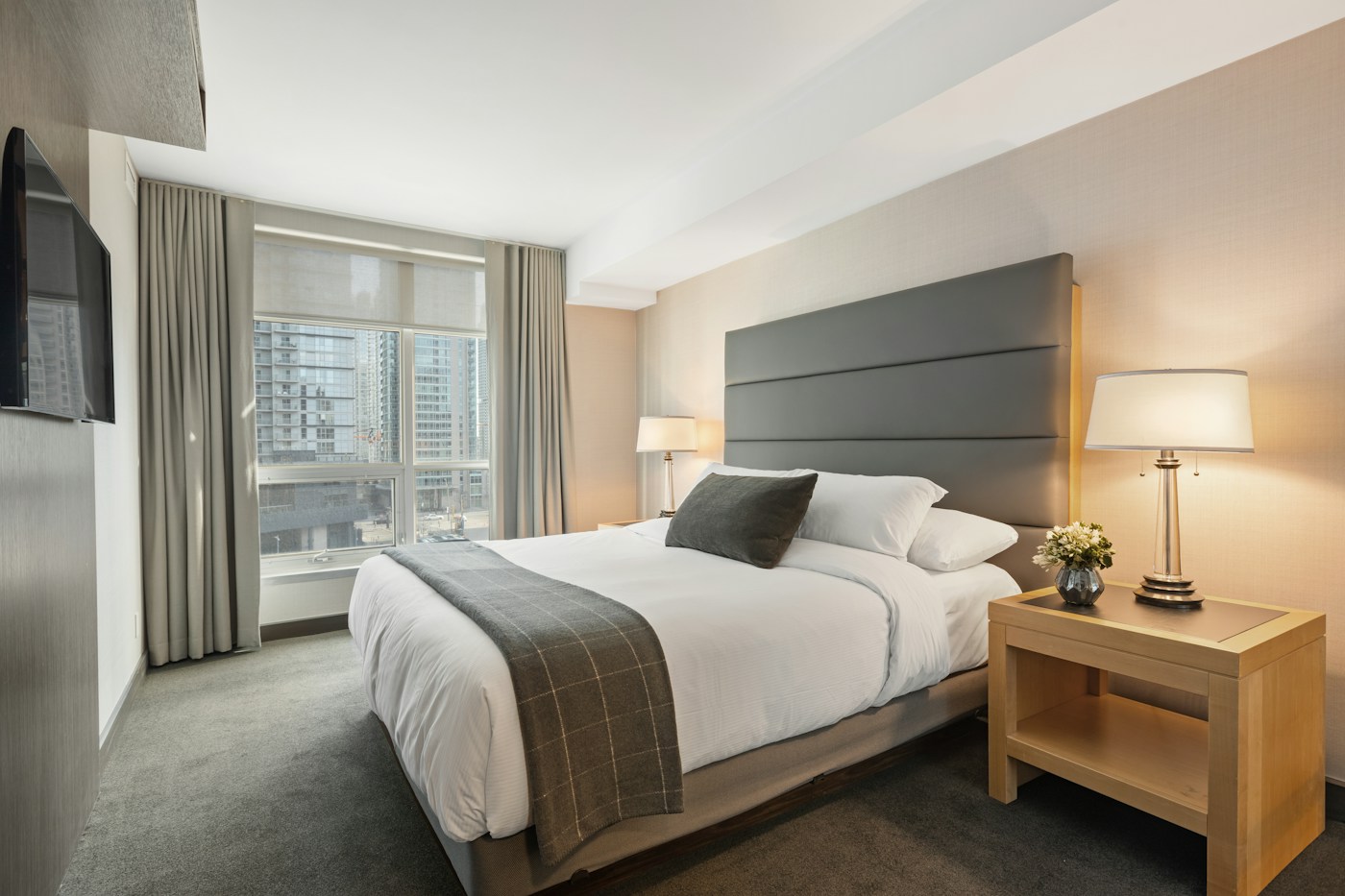 Luxury hotel guest room prepared to SOP and brand amenity standards